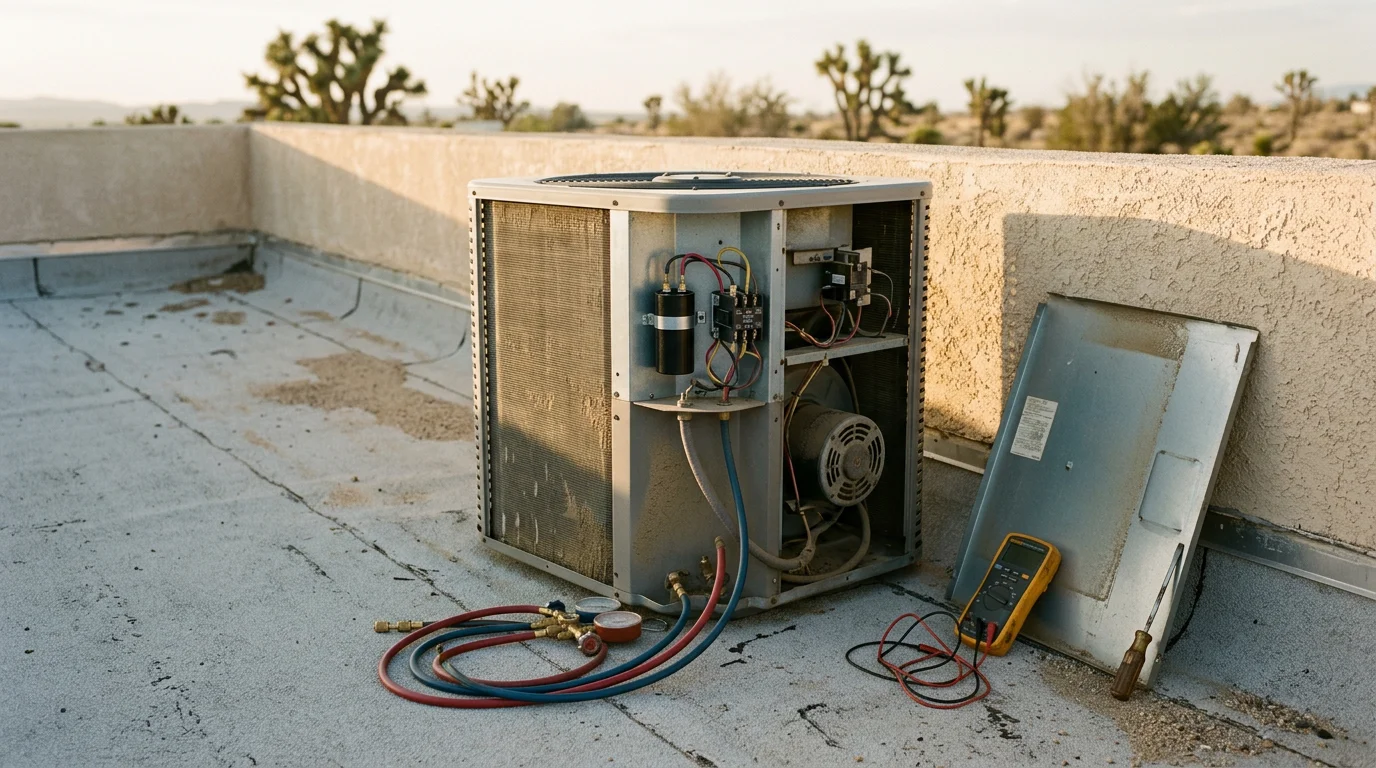 An HVAC technician inspecting an outdoor condenser unit at a residential property in Lancaster, CA, with the high desert landscape visible in the background. The technician is checking electrical components on a rooftop-style unit typical of Antelope Valley homes.