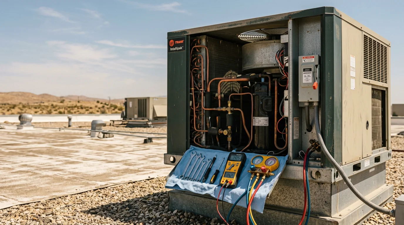 A technician inspecting a packaged rooftop HVAC unit on a commercial building in Lancaster, CA under clear high desert skies. The unit shows typical Antelope Valley wear with dust accumulation on the condenser coils being cleaned during a service visit.