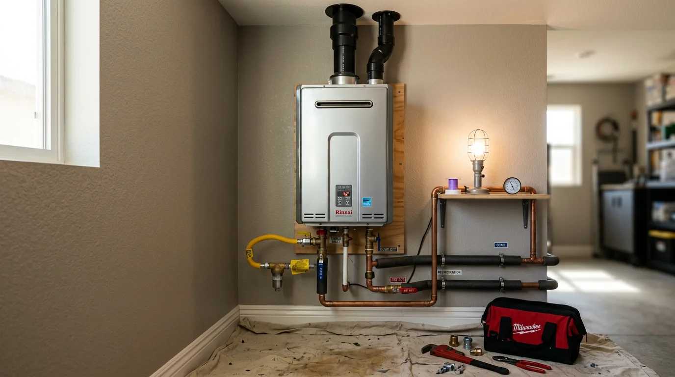 A wall-mounted tankless water heater installed in a Lancaster, CA home, with copper supply lines and a venting pipe connected to an exterior wall. The compact unit replaces a traditional storage tank in a residential utility space.