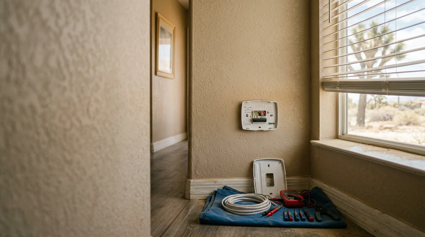 An HVAC technician inspecting a wall-mounted thermostat inside a Lancaster, CA home. The technician checks wiring connections during a thermostat repair service call.