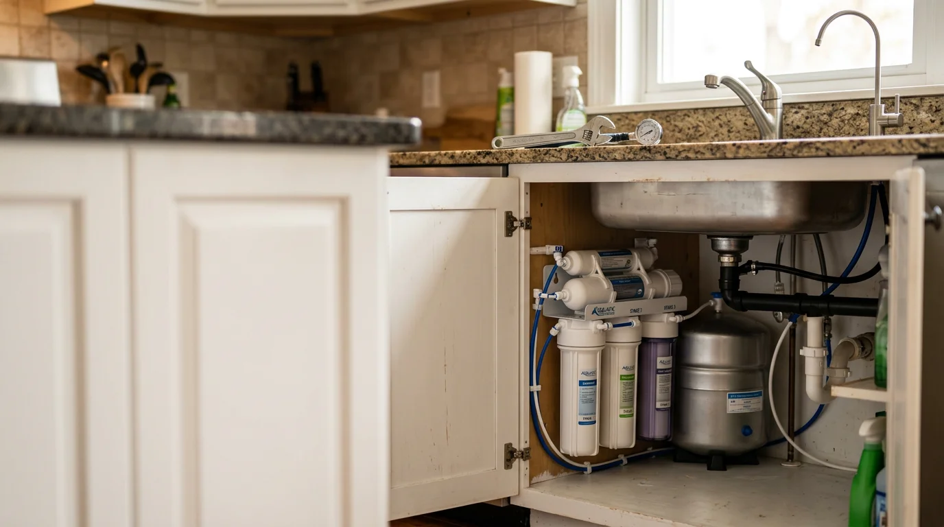 A professional plumber completing an under-sink reverse osmosis system installation in a Lancaster, CA home kitchen, with filter housings, storage tank, and dedicated faucet all connected and secured.