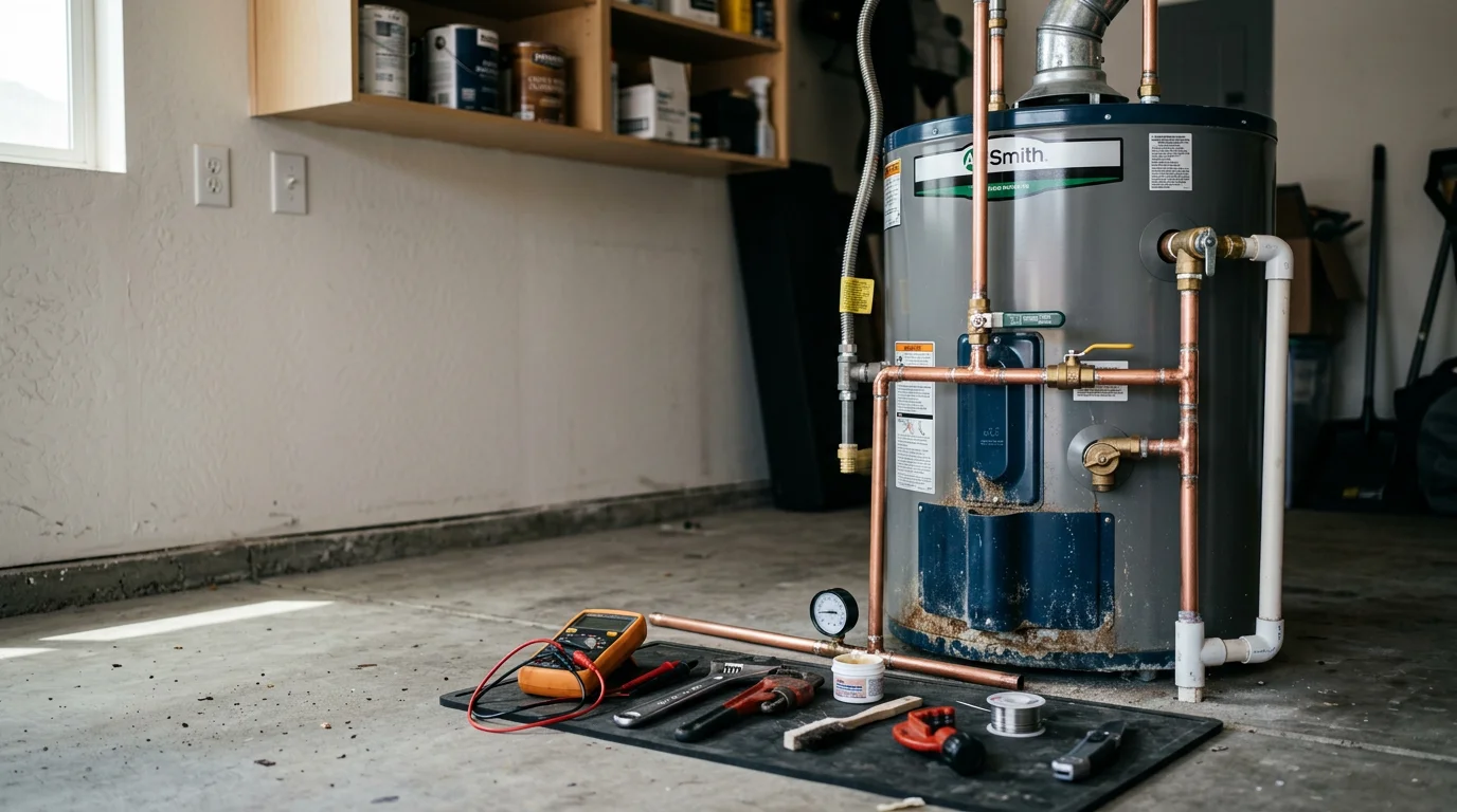 A technician inspecting a residential tank water heater in a Lancaster, CA home garage, with visible pipe connections and a pressure relief valve. The high desert setting reflects the hard water and temperature conditions common across the Antelope Valley.