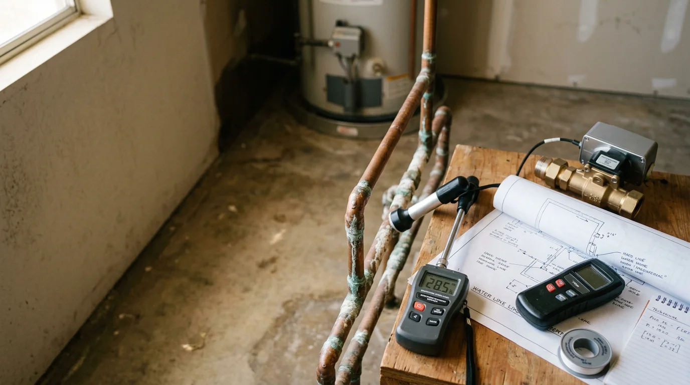 A technician inspecting a residential water supply line for leaks at a home in Lancaster, CA. A whole-home automatic shut-off system is mounted on the main water line inside the utility area.